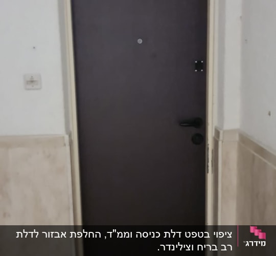 דלת חומה עם ידית שחורה במסגרת לבנה